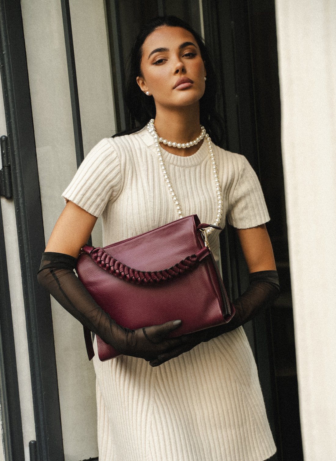 Burgundy Dollar Leather Braid Bag