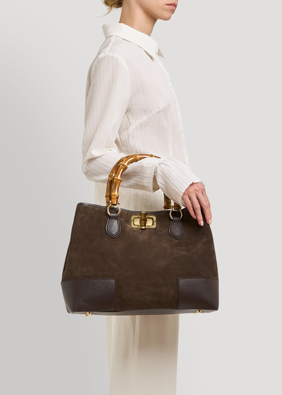 Borsa Bamboo Babe in Camoscio e Pelle Testa di moro