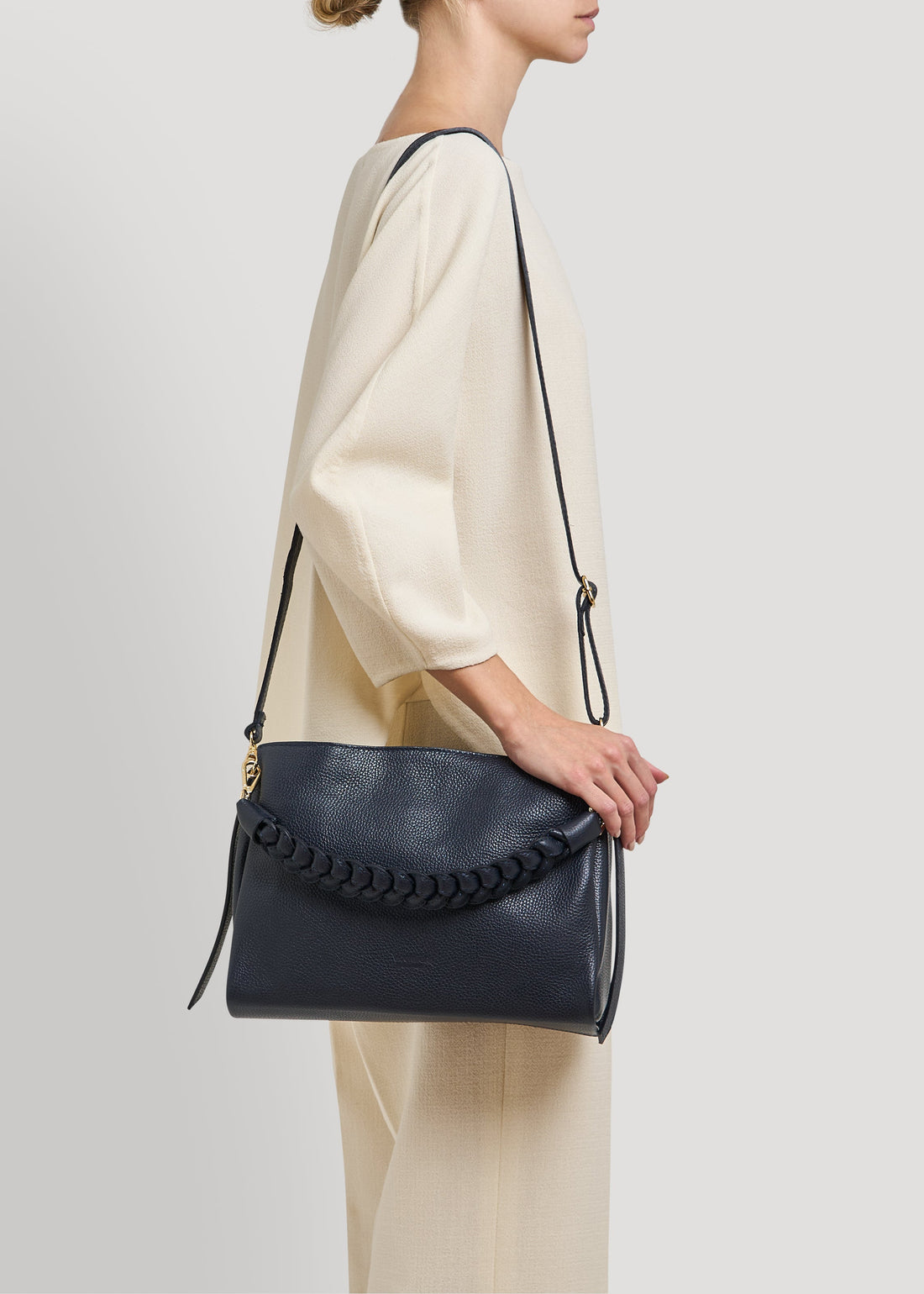 Navy Blue Dollar Leather Braid Bag