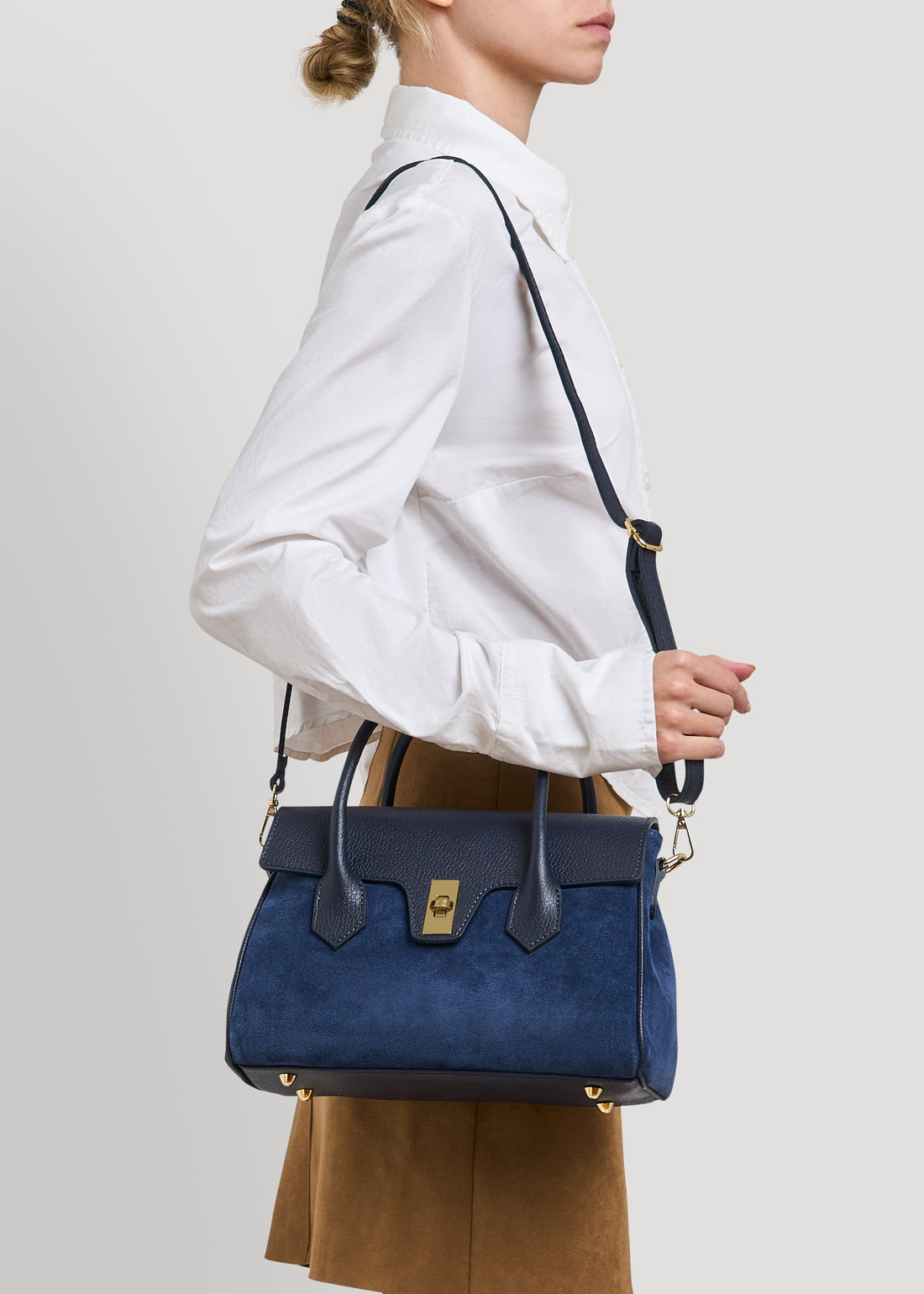 Cécile Bag in Navy Blue Suede and Dollar Leather