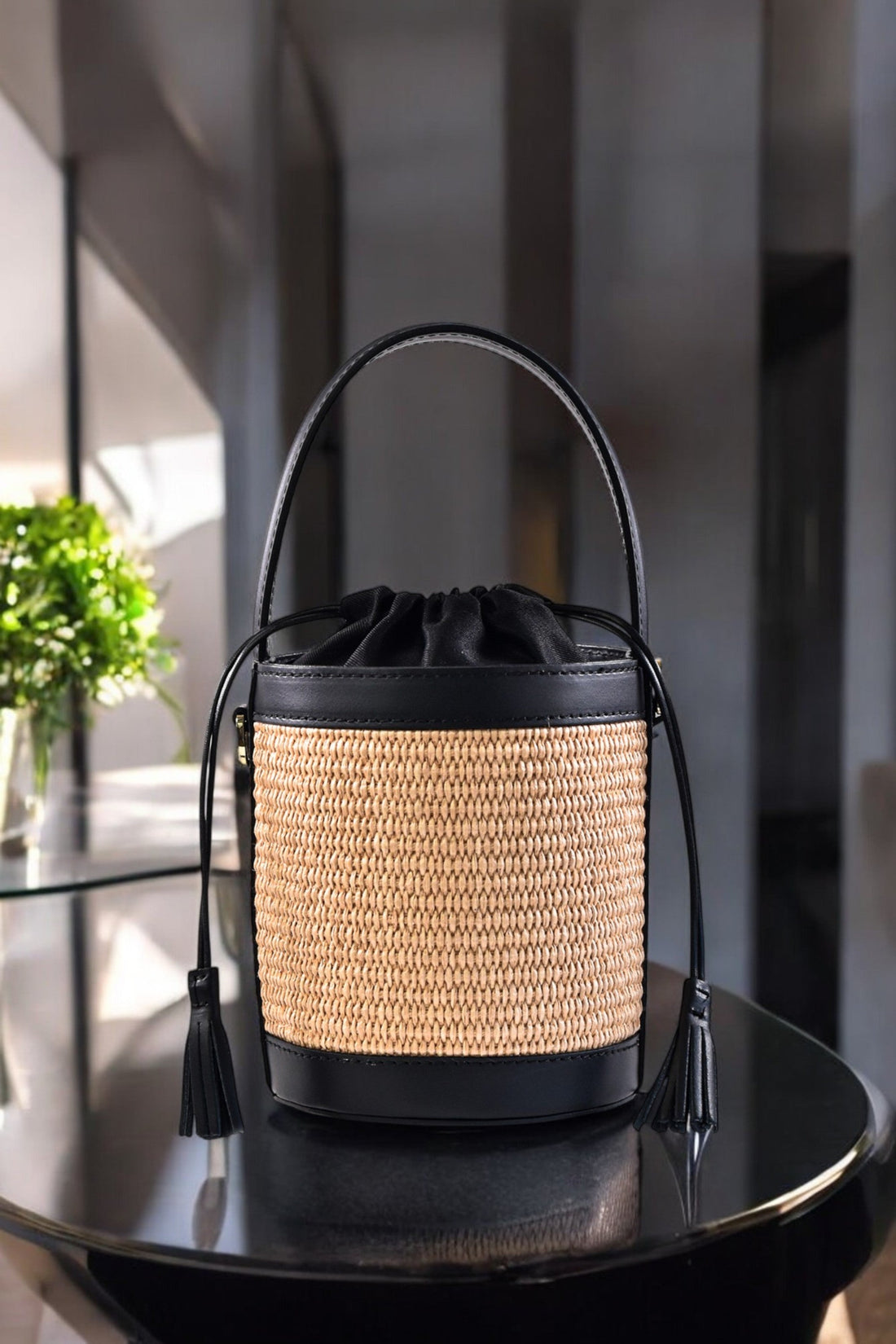Petit Bag in Black Brushed Leather and Raphia