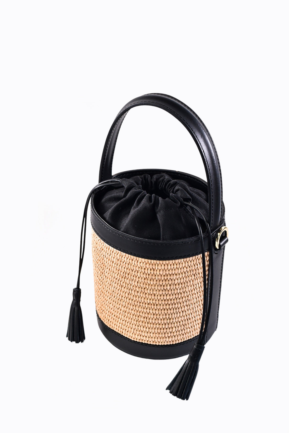 Petit Bag in Black Brushed Leather and Raphia