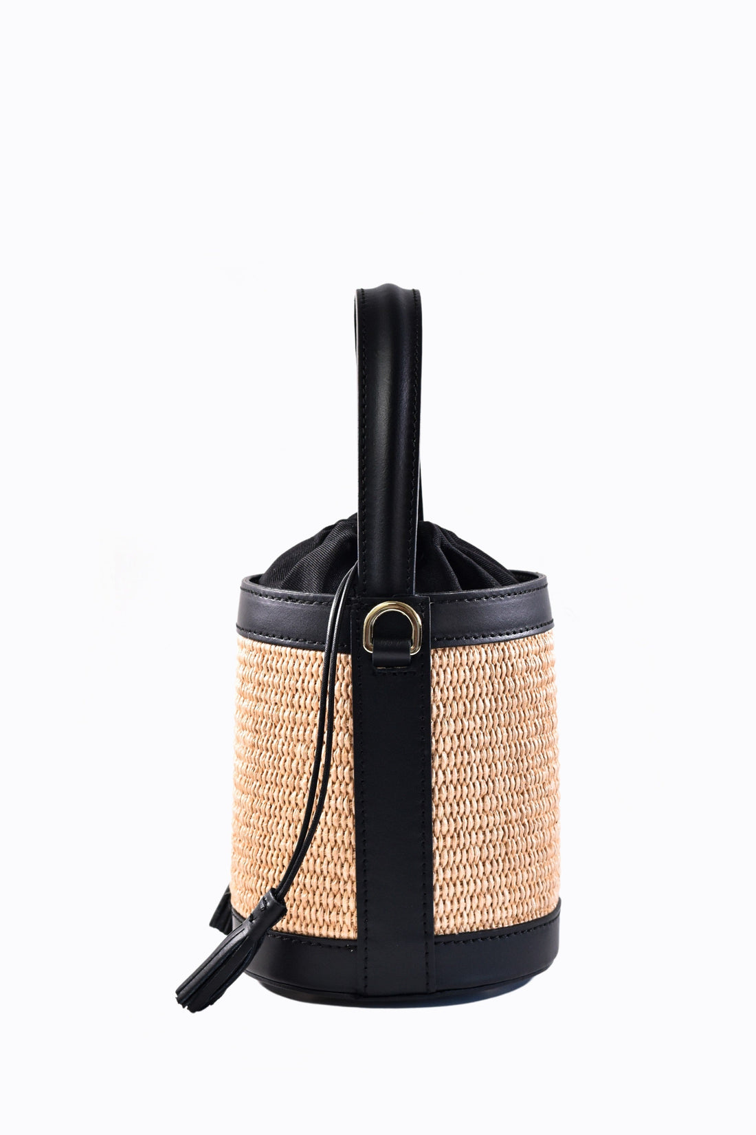 Petit Bag in Black Brushed Leather and Raphia