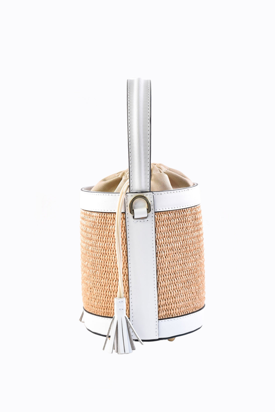 Petit Bag in White Brushed Leather and Raphia