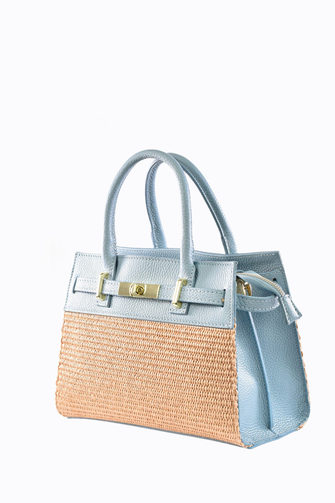 Grace Bag in Pale Blue Leather and Raphia