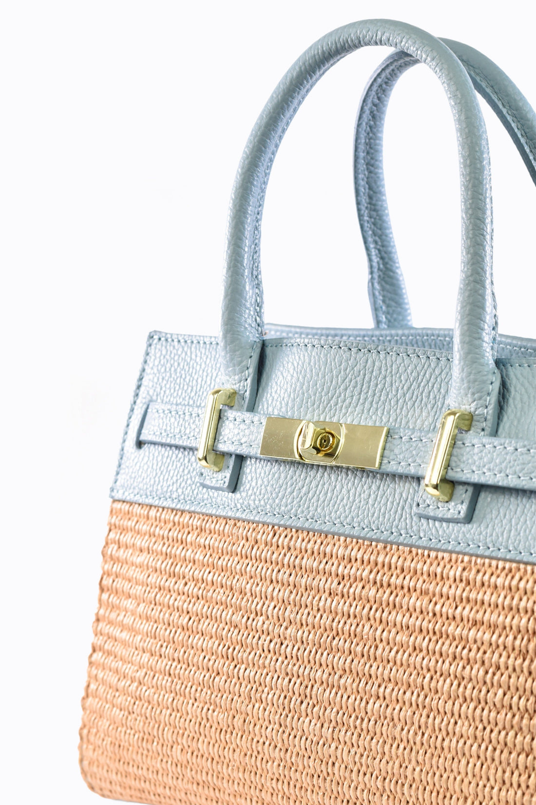 Grace Bag in Pale Blue Leather and Raphia