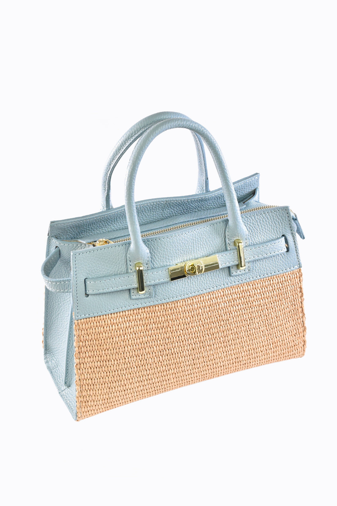Grace Bag in Pale Blue Leather and Raphia