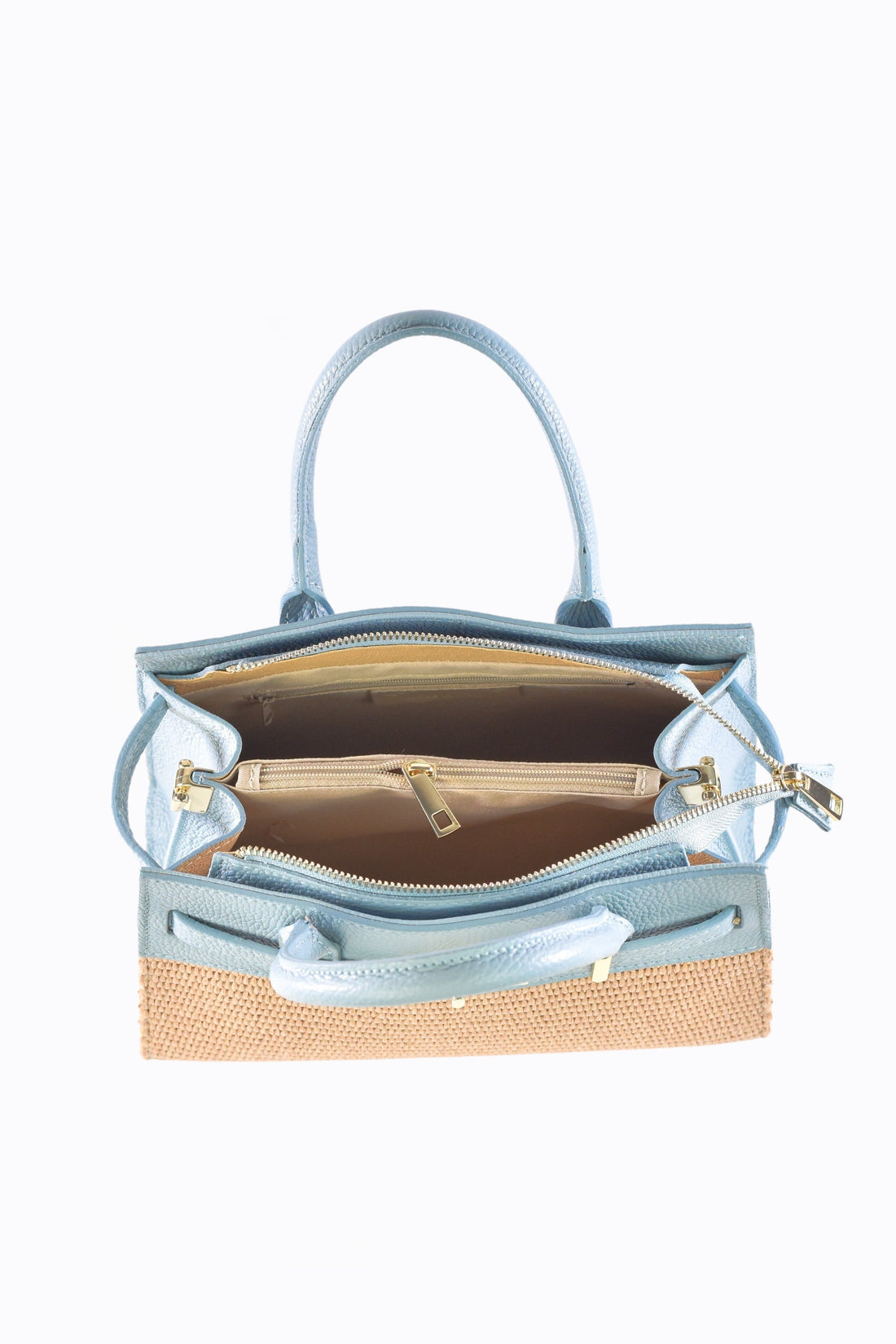Grace Bag in Pale Blue Leather and Raphia