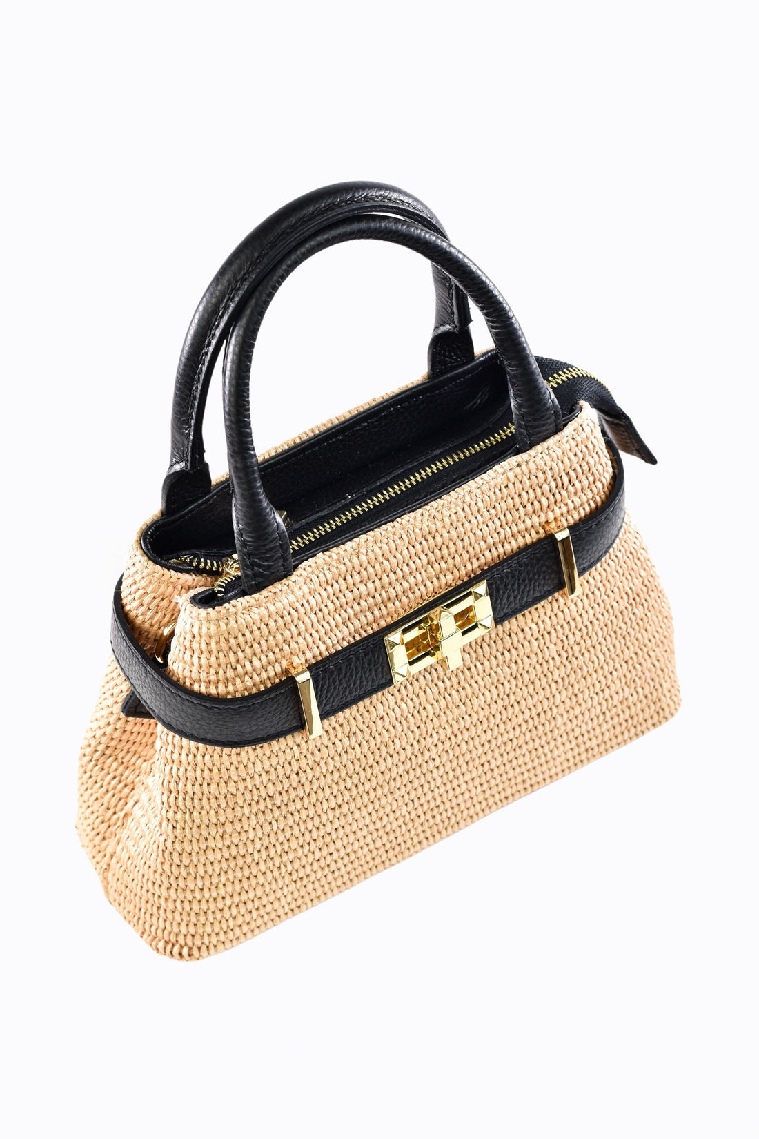 Elysia Bag in Black Leather and Raphia