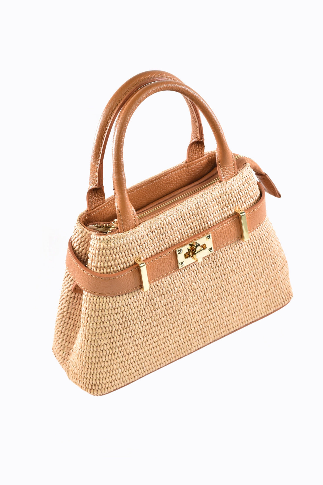 Elysia Bag in Tan Leather and Raphia