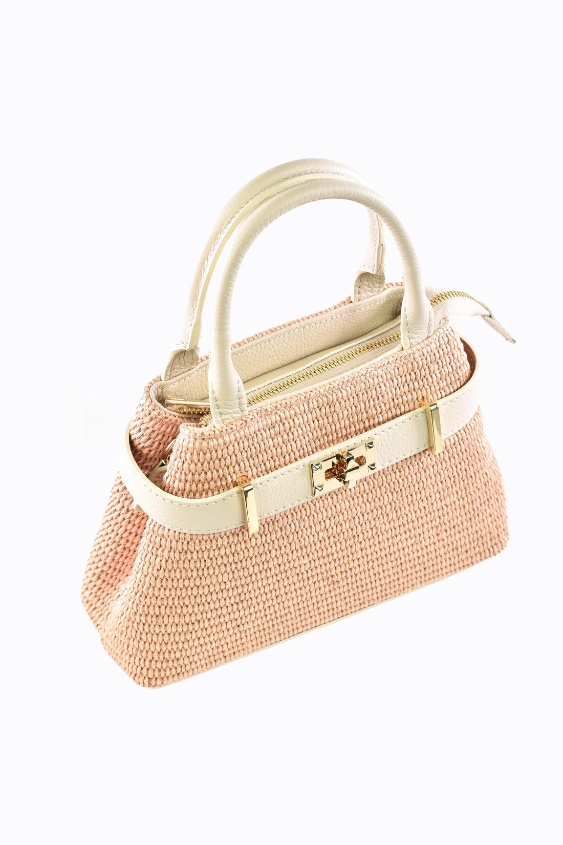 Elysia Bag in Beige Leather and Raphia