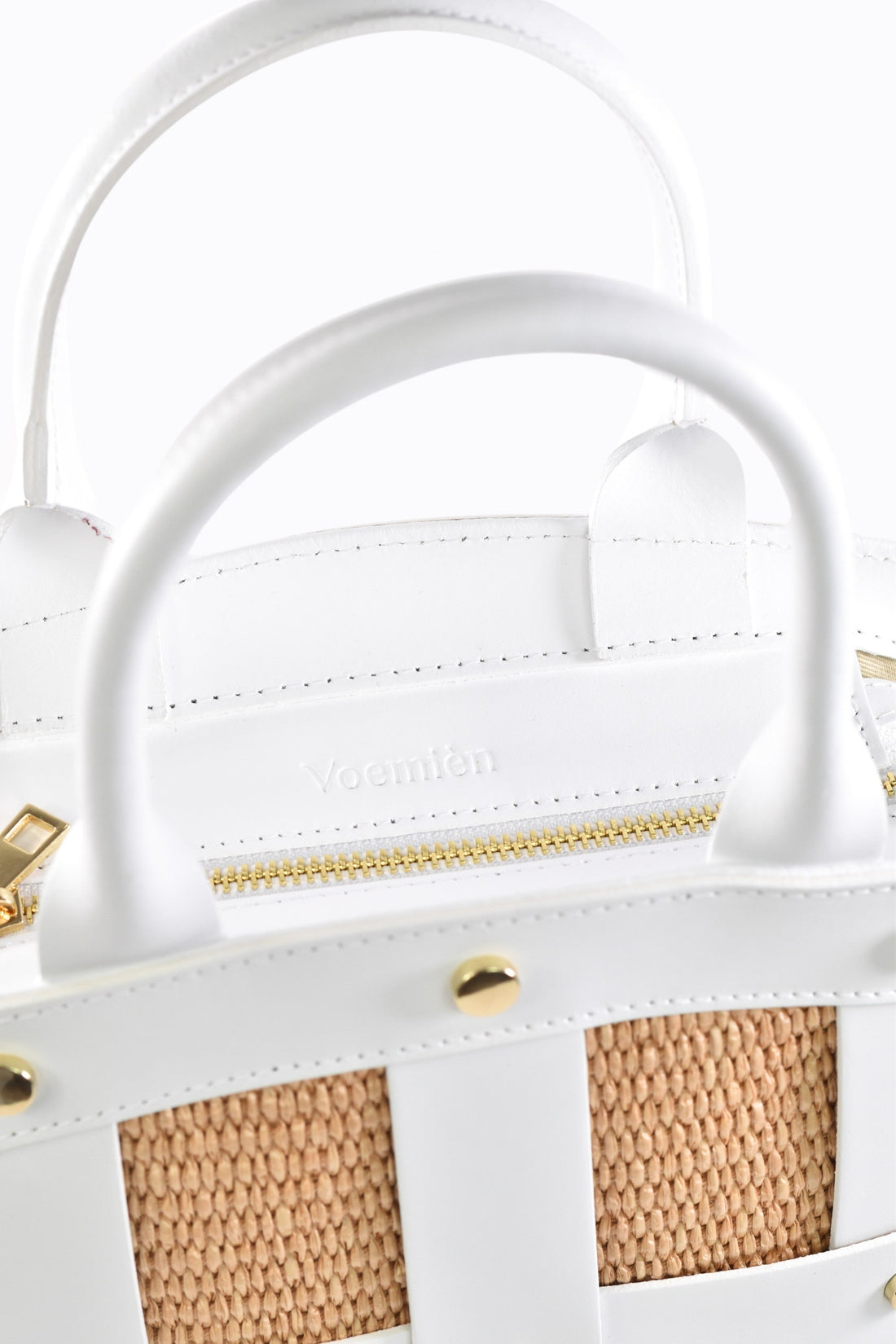 Jacqueline Bag in White Brushed Leather and Raphia