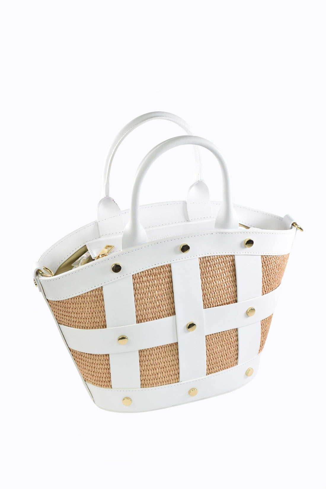 Jacqueline Bag in White Brushed Leather and Raphia
