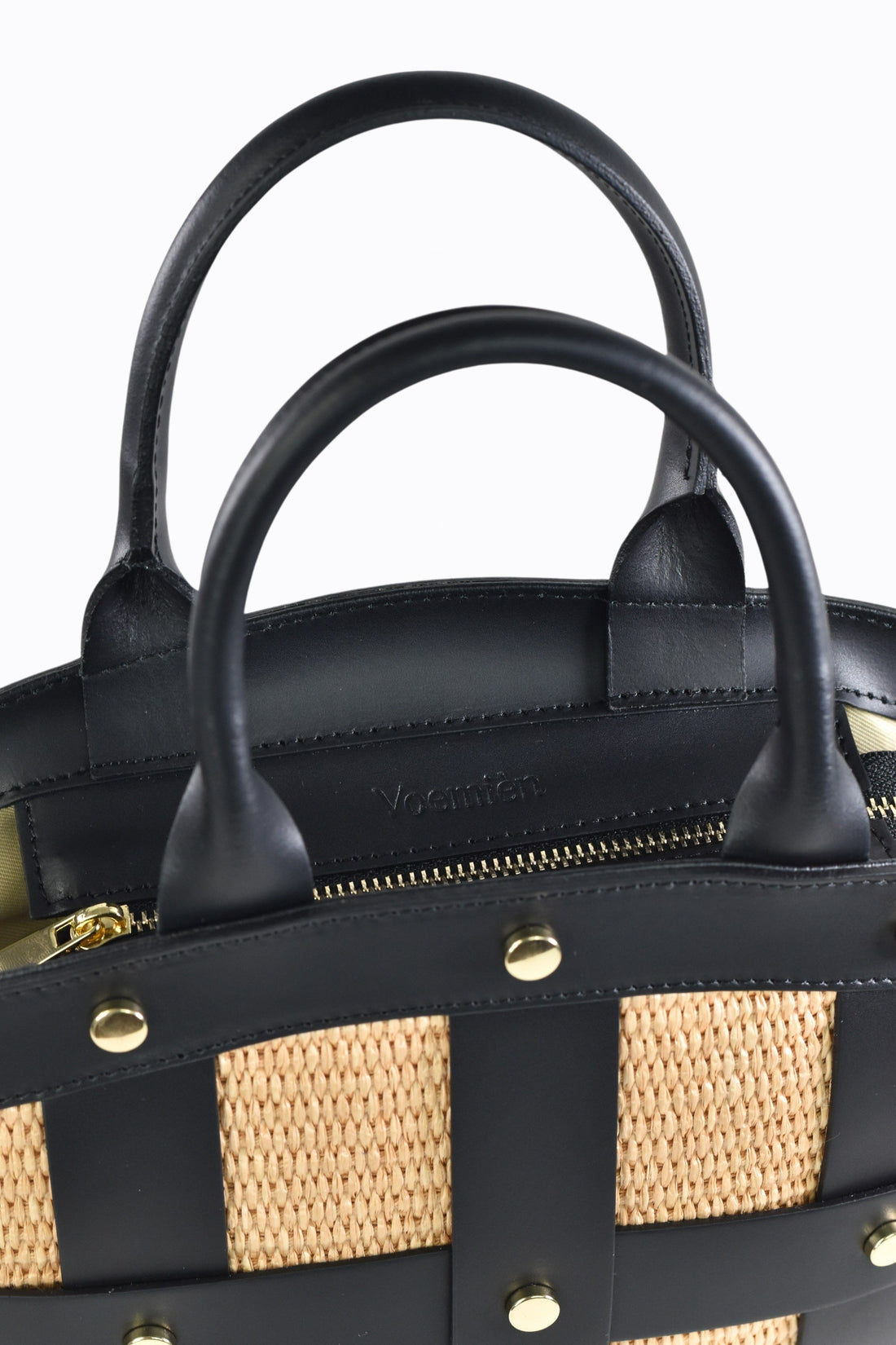 Jacqueline Bag in Black Brushed Leather and Raphia