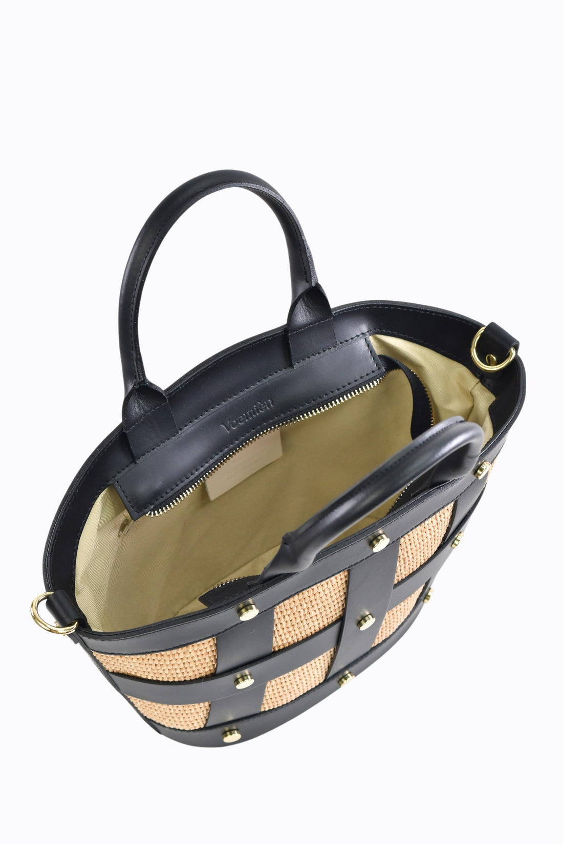 Jacqueline Bag in Black Brushed Leather and Raphia