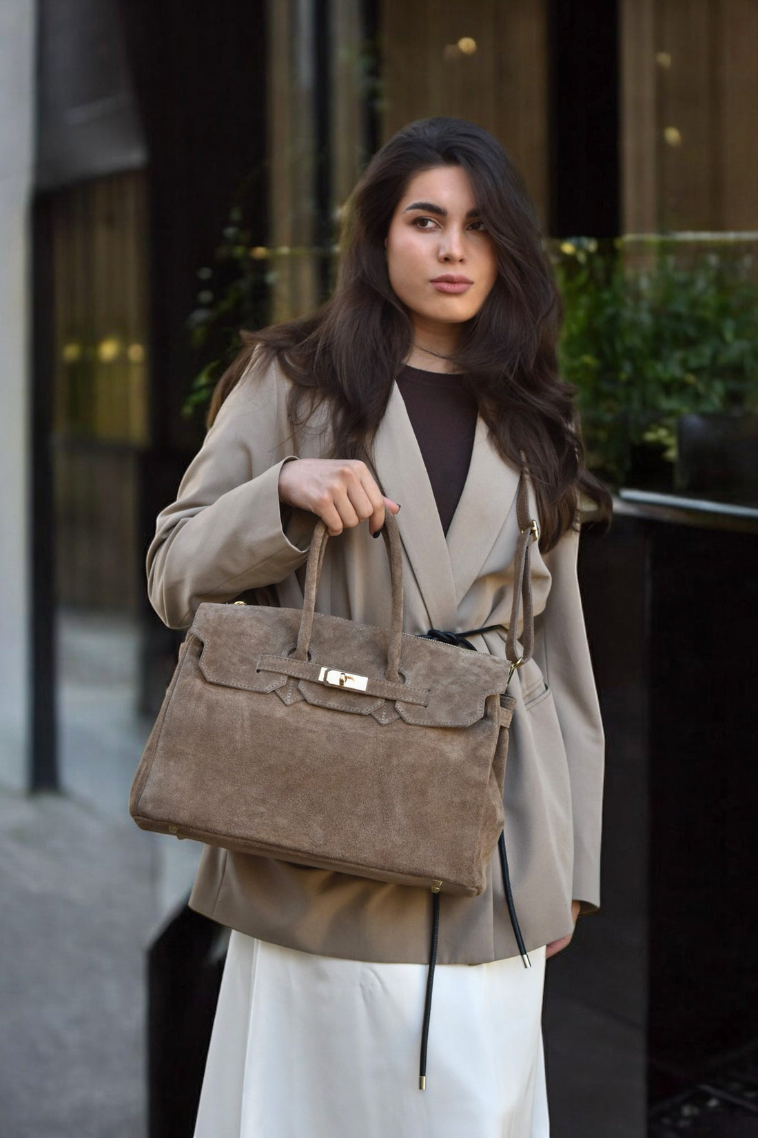Elizabeth Bag in Taupe Suede and Togo Leather