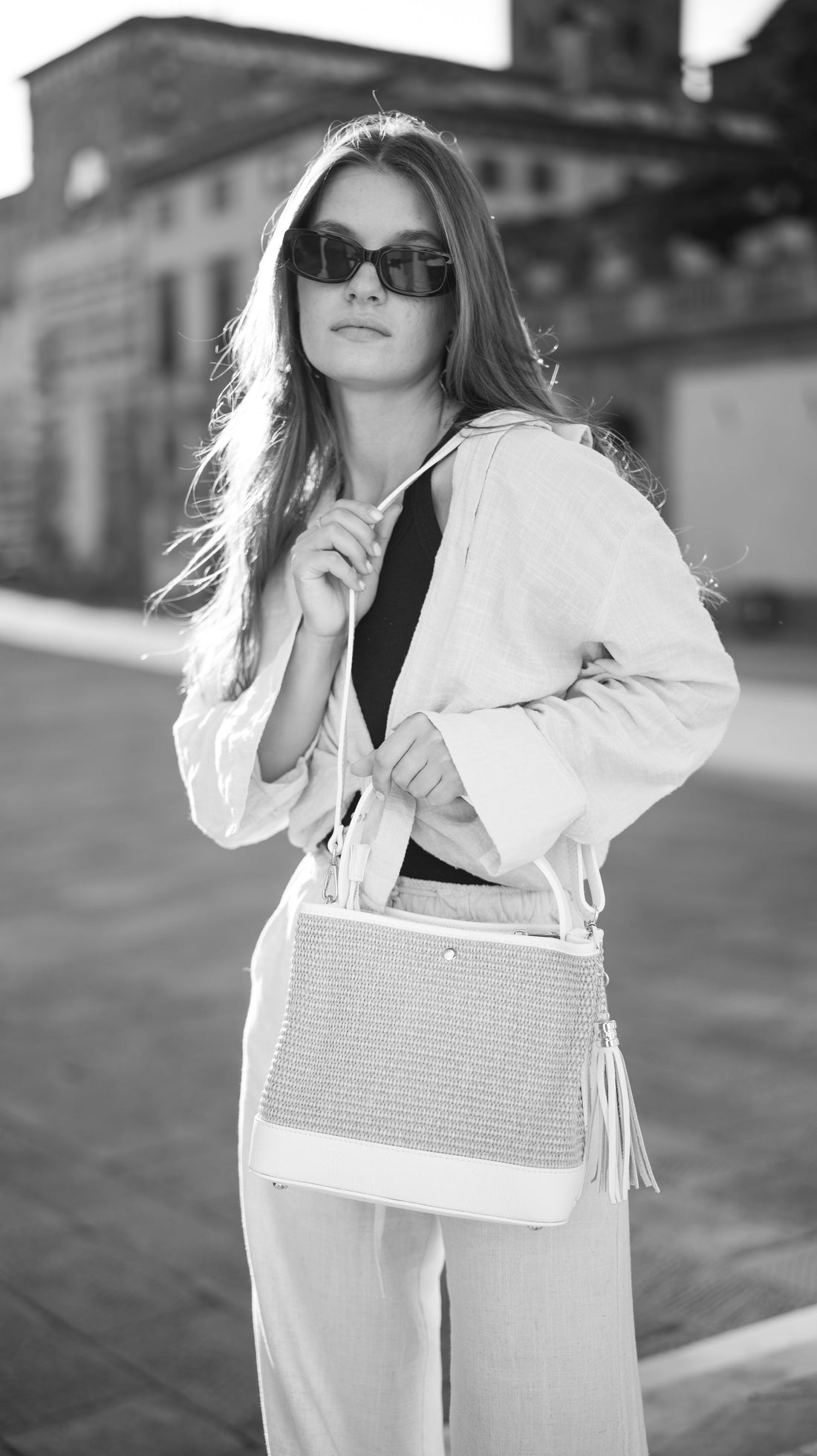 Kendy Bag in Tan Dollar Leather and Raphia