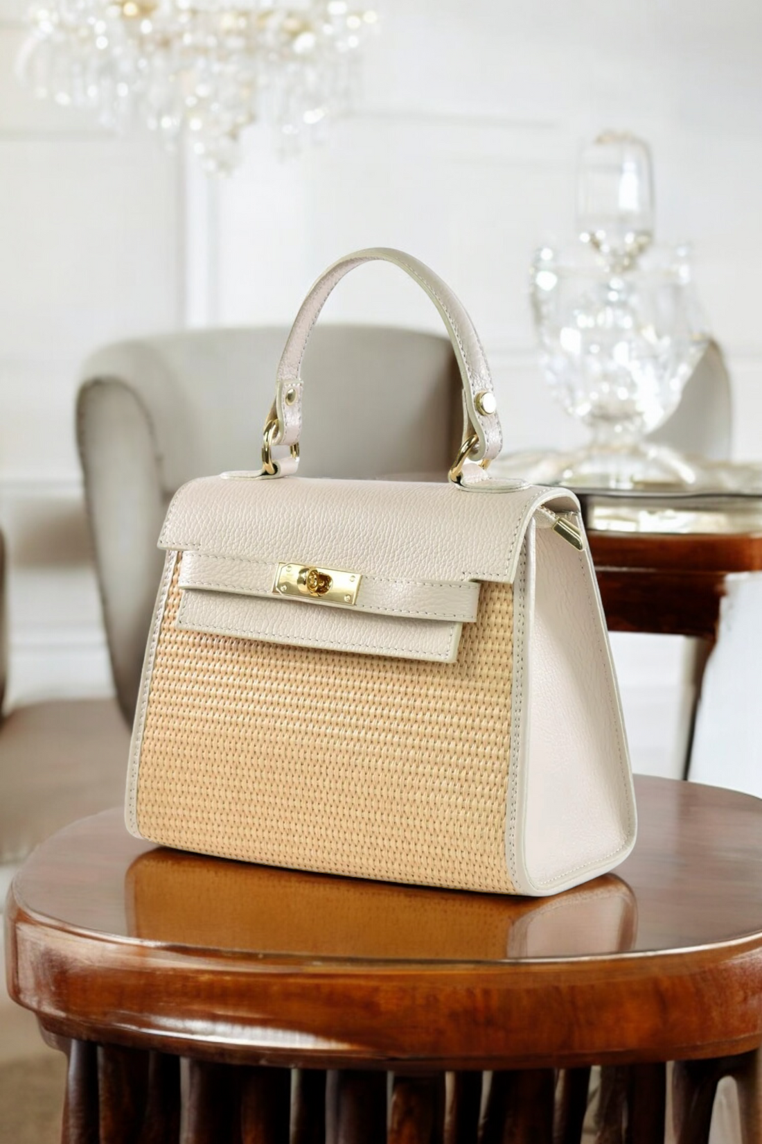 Borsa Freydis in pelle Dollaro e Rafia Beige