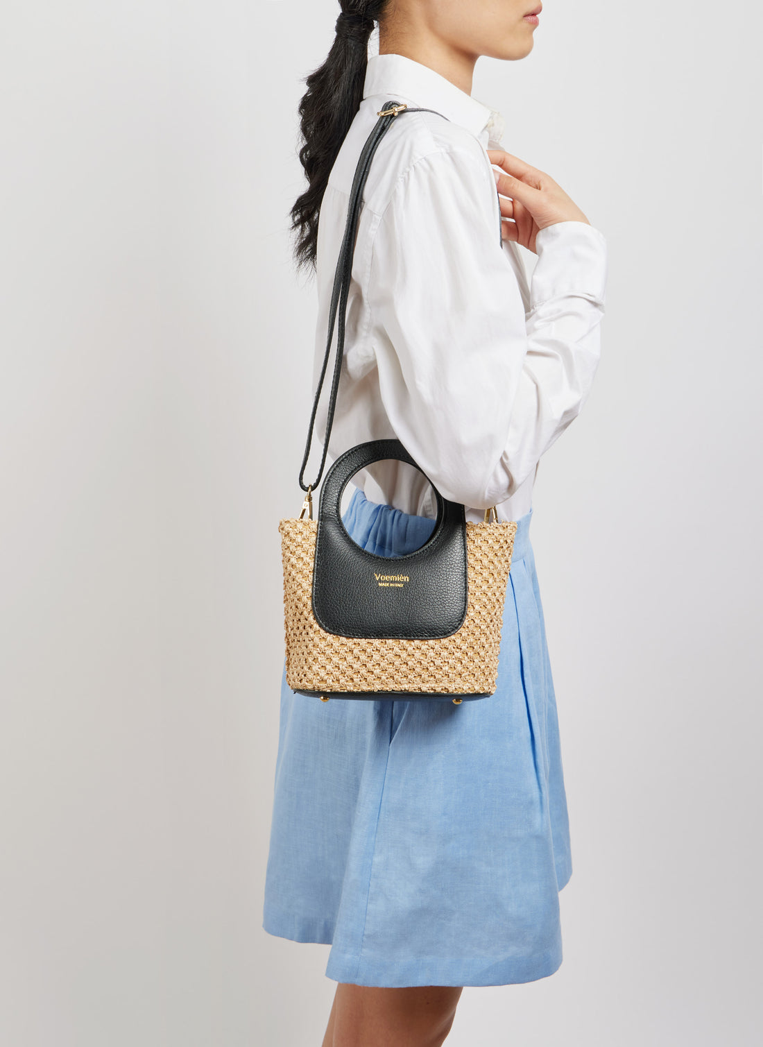 Alba Bag in Raffia and Dollar Leather Black